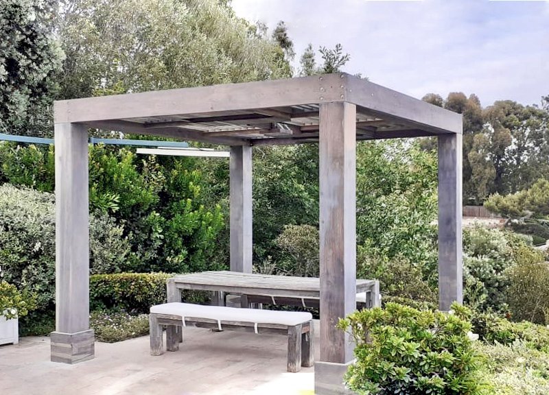 Custom Modern Louvered Garden Pergola (Options: 12' L x 10' W, 10" x 10" Posts, Mobile Louvers, California Redwood, 9 ft H, 1 Electrical Wiring Trim, No Curtain Rods, 4 Post Anchor Kit for Concrete, 1 Ceiling Fan Base, Custom "Weathered Finish" by Custom Request is Lifetime Wood Treatment-Valhalco). Photo Courtesy of O. Case of Malibu, California. Custom Modern Louvered Garden Pergola (Options: 12' L x 10' W, 10" x 10" Posts, Mobile Louvers, California Redwood, 9 ft H, 1 Electrical Wiring Trim, No Curtain Rods, 4 Post Anchor Kit for Concrete, 1 Ceiling Fan Base, Custom "Weathered Finish" by Custom Request is Lifetime Wood Treatment-Valhalco). Photo Courtesy of O. Case of Malibu, California.