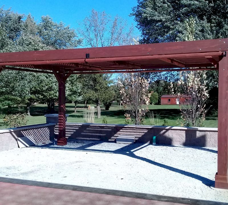 Modern Louvered Garden Pergola (Options: 20' L x 12' W, 8" x 8" Posts, Mobile Louvers, California Redwood, 9.5 ft H, No Electrical Wiring Trim, 4 Curtain Rods, 4 Post Anchor Kit for Concrete, No post decorative trims, No Ceiling Fan Base, Coffee-Stain Premium Sealant). Photo Courtesy of R. RybarskI of Palos Park, Illinois. Modern Louvered Garden Pergola (Options: 20' L x 12' W, 8" x 8" Posts, Mobile Louvers, California Redwood, 9.5 ft H, No Electrical Wiring Trim, 4 Curtain Rods, 4 Post Anchor Kit for Concrete, No post decorative trims, No Ceiling Fan Base, Coffee-Stain Premium Sealant). Photo Courtesy of R. RybarskI of Palos Park, Illinois.