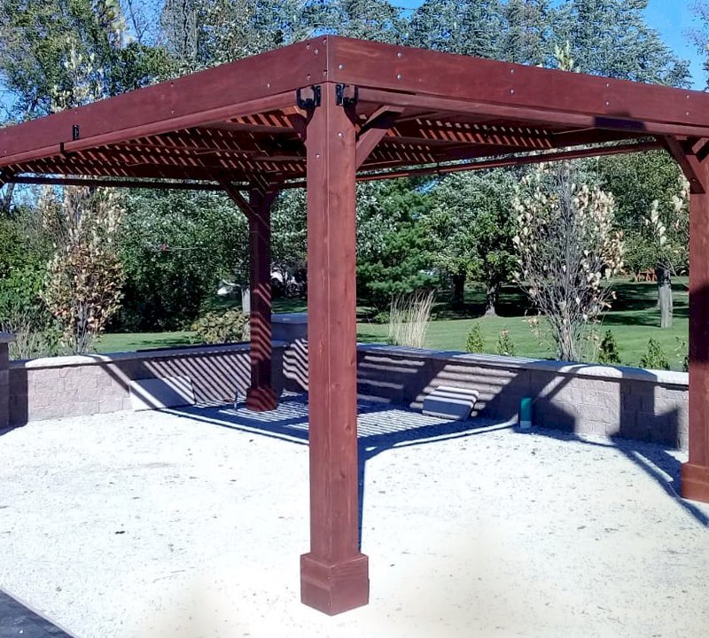 Modern Louvered Garden Pergola (Options: 20' L x 12' W, 8" x 8" Posts, Mobile Louvers, California Redwood, 9.5 ft H, No Electrical Wiring Trim, 4 Curtain Rods, 4 Post Anchor Kit for Concrete, No post decorative trims, No Ceiling Fan Base, Coffee-Stain Premium Sealant). Photo Courtesy of R. RybarskI of Palos Park, Illinois. Modern Louvered Garden Pergola (Options: 20' L x 12' W, 8" x 8" Posts, Mobile Louvers, California Redwood, 9.5 ft H, No Electrical Wiring Trim, 4 Curtain Rods, 4 Post Anchor Kit for Concrete, No post decorative trims, No Ceiling Fan Base, Coffee-Stain Premium Sealant). Photo Courtesy of R. RybarskI of Palos Park, Illinois.