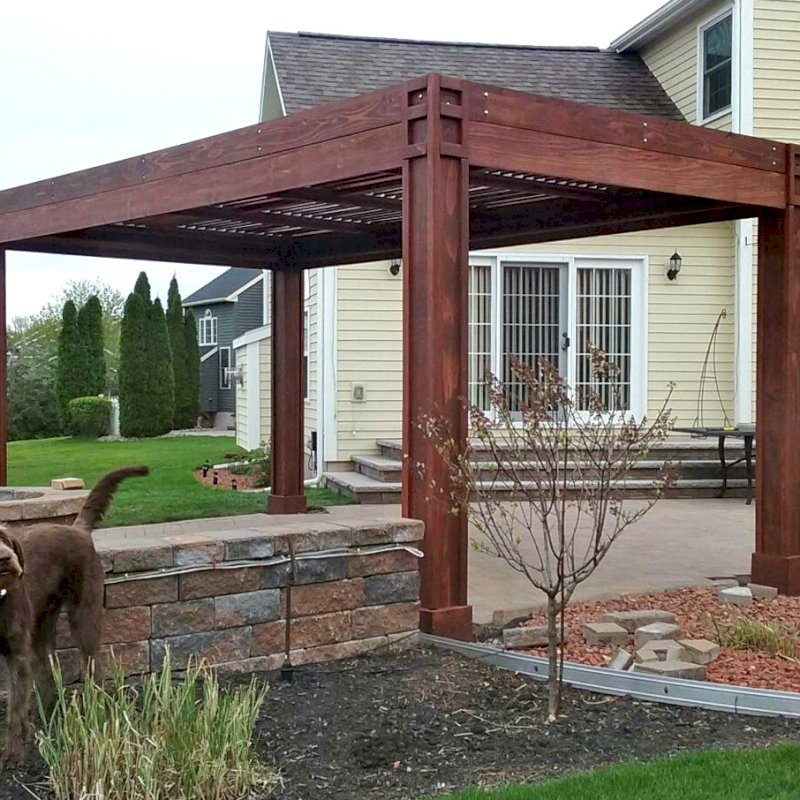 Modern Louvered Garden Pergola (Options: 10' L x 18' W, 8" x 8" Posts, Mobile Louvers, Mature Redwood, 9 ft H, 2 Electrical Wiring Trims, 4 Post Anchor Kit for Concrete, Custom Vertical Post Decorative Trims, No Ceiling Fan Base, Coffee-Stain Premium Sealant). Photo Courtesy of D. Gauthier of Liverpool, NY. Modern Louvered Garden Pergola (Options: 10' L x 18' W, 8" x 8" Posts, Mobile Louvers, Mature Redwood, 9 ft H, 2 Electrical Wiring Trims, 4 Post Anchor Kit for Concrete, Custom Vertical Post Decorative Trims, No Ceiling Fan Base, Coffee-Stain Premium Sealant). Photo Courtesy of D. Gauthier of Liverpool, NY.