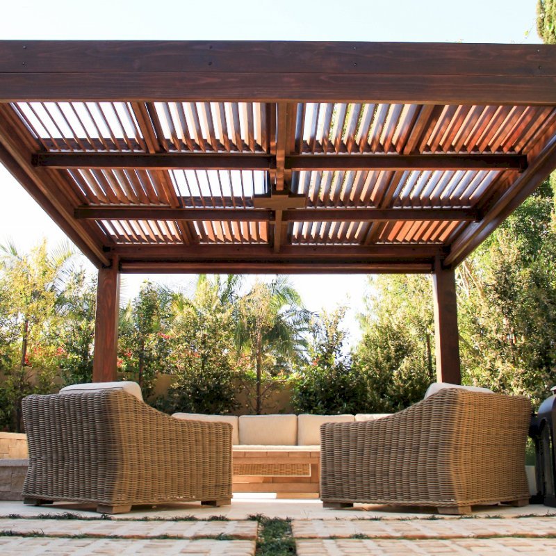 Modern Louvered Garden Pergola (Options: 16' L x 16' W, 10" x 10" Posts, Mobile Louvers, California Redwood, 9.5ft H, Electrical Wiring Trim for 1 Post, 4 Post Anchor Kit for Concrete, No post decorative trims, Add a Ceiling Fan Base, 4 Curtain Rods, Coffee Stain Sealant). Photo Courtesy of S. Gillin of Del Mar, CA. Modern Louvered Garden Pergola (Options: 16' L x 16' W, 10" x 10" Posts, Mobile Louvers, California Redwood, 9.5ft H, Electrical Wiring Trim for 1 Post, 4 Post Anchor Kit for Concrete, No post decorative trims, Add a Ceiling Fan Base, 4 Curtain Rods, Coffee Stain Sealant). Photo Courtesy of S. Gillin of Del Mar, CA.