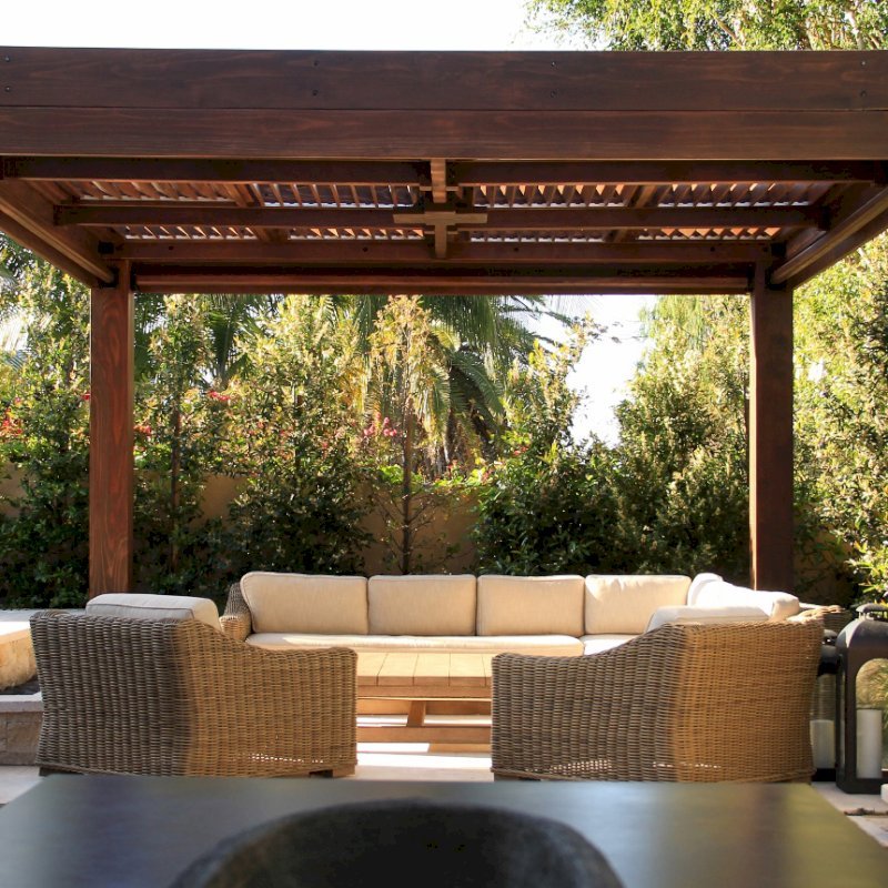 Modern Louvered Garden Pergola (Options: 16' L x 16' W, 10" x 10" Posts, Mobile Louvers, California Redwood, 9.5ft H, Electrical Wiring Trim for 1 Post, 4 Post Anchor Kit for Concrete, No post decorative trims, Add a Ceiling Fan Base, 4 Curtain Rods, Coffee Stain Sealant). Photo Courtesy of S. Gillin of Del Mar, CA. Modern Louvered Garden Pergola (Options: 16' L x 16' W, 10" x 10" Posts, Mobile Louvers, California Redwood, 9.5ft H, Electrical Wiring Trim for 1 Post, 4 Post Anchor Kit for Concrete, No post decorative trims, Add a Ceiling Fan Base, 4 Curtain Rods, Coffee Stain Sealant). Photo Courtesy of S. Gillin of Del Mar, CA.