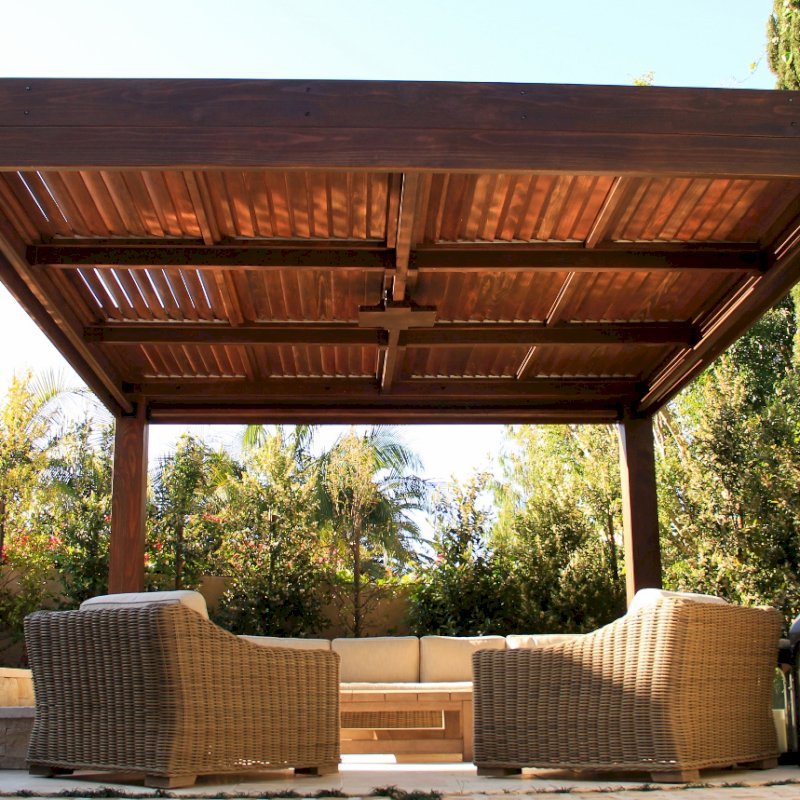 Modern Louvered Garden Pergola (Options: 16' L x 16' W, 10" x 10" Posts, Mobile Louvers, California Redwood, 9.5ft H, Electrical Wiring Trim for 1 Post, 4 Post Anchor Kit for Concrete, No post decorative trims, Add a Ceiling Fan Base, 4 Curtain Rods, Coffee Stain Sealant). Photo Courtesy of S. Gillin of Del Mar, CA. Modern Louvered Garden Pergola (Options: 16' L x 16' W, 10" x 10" Posts, Mobile Louvers, California Redwood, 9.5ft H, Electrical Wiring Trim for 1 Post, 4 Post Anchor Kit for Concrete, No post decorative trims, Add a Ceiling Fan Base, 4 Curtain Rods, Coffee Stain Sealant). Photo Courtesy of S. Gillin of Del Mar, CA.