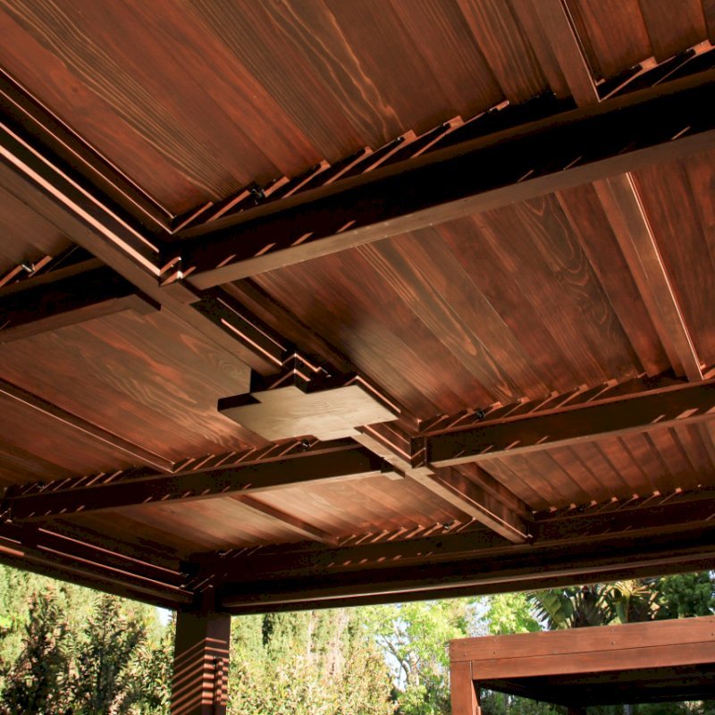 Modern Louvered Garden Pergola (Options: 16' L x 16' W, 10" x 10" Posts, Mobile Louvers, California Redwood, 9.5ft H, Electrical Wiring Trim for 1 Post, 4 Post Anchor Kit for Concrete, No post decorative trims, Add a Ceiling Fan Base, 4 Curtain Rods, Coffee Stain Sealant). Photo Courtesy of S. Gillin of Del Mar, CA. Modern Louvered Garden Pergola (Options: 16' L x 16' W, 10" x 10" Posts, Mobile Louvers, California Redwood, 9.5ft H, Electrical Wiring Trim for 1 Post, 4 Post Anchor Kit for Concrete, No post decorative trims, Add a Ceiling Fan Base, 4 Curtain Rods, Coffee Stain Sealant). Photo Courtesy of S. Gillin of Del Mar, CA.