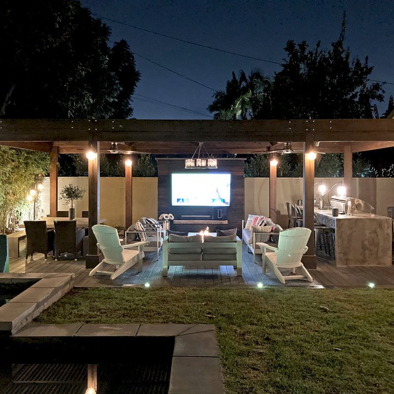 Modern Louvered Garden Pergola (Options: 29' L x 15' W, 8" x 8" Posts, Mobile Louvers, California Redwood, 9.5 ft H, 2 Electrical Wiring Trims, Curtain Rod Fascia, 8 Post Anchor Kit for Concrete, No Post Decorative Trims, 2 Ceiling Fan Bases, Coffee-Stain Premium Sealant). Photo Courtesy of M. Brown of Downey, CA. Modern Louvered Garden Pergola (Options: 29' L x 15' W, 8" x 8" Posts, Mobile Louvers, California Redwood, 9.5 ft H, 2 Electrical Wiring Trims, Curtain Rod Fascia, 8 Post Anchor Kit for Concrete, No Post Decorative Trims, 2 Ceiling Fan Bases, Coffee-Stain Premium Sealant). Photo Courtesy of M. Brown of Downey, CA.