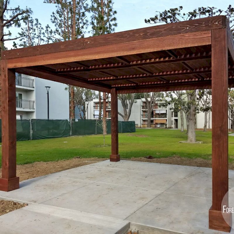 Modern Louvered Garden Pergola (Options: 14' L x 14' W, 8" x 8" Posts, Fixed Louvers, California Redwood, 9.5 ft H, No Electrical Wiring Trim, 4 Post Anchor Kit for Concrete, No post decorative trims, With a Ceiling Fan Base, Coffee-Stain Premium Sealant). Photo Courtesy of M. Ramirez of Long Beach, CA. Modern Louvered Garden Pergola (Options: 14' L x 14' W, 8" x 8" Posts, Fixed Louvers, California Redwood, 9.5 ft H, No Electrical Wiring Trim, 4 Post Anchor Kit for Concrete, No post decorative trims, With a Ceiling Fan Base, Coffee-Stain Premium Sealant). Photo Courtesy of M. Ramirez of Long Beach, CA.