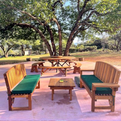 Moonlight Redwood Benches (Options: 5 ft, No Shelf, California Redwood, with Cushion, No Engraving, Transparent Premium Sealant [One Bench with 5 1/2" Wide Level Armrests]). Photo Courtesy of A. Paul of Lower Lake, C.