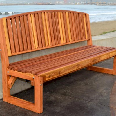 Moonlight Redwood Bench (Options: 6 ft, No Shelf, California Redwood, No Cushion, No Engraving, Transparent Premium Sealant). 