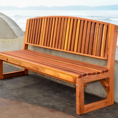 Moonlight Redwood Bench (Options: 6 ft, No Shelf, California Redwood, No Cushion, No Engraving, Transparent Premium Sealant). 