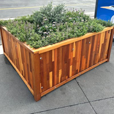 Napa Planters (Options: 48" L x 48" W x 24" H, Mosaic Redwood, 1-inch Feet, Transparent Premium Sealant). Planters can be seen on the Fisherman's Wharf in San Francisco.