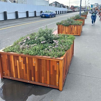 Napa Planters (Options: 48" L x 48" W x 24" H, Mosaic Redwood, 1-inch Feet, Transparent Premium Sealant). Planters can be seen on the Fisherman's Wharf in San Francisco.