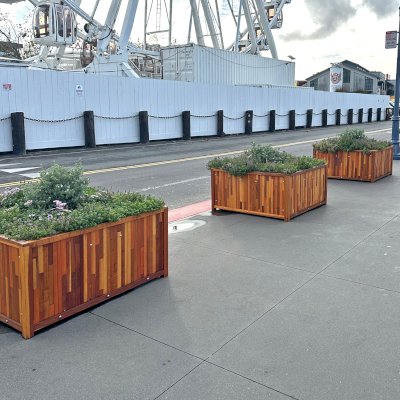 Napa Planters (Options: 48" L x 48" W x 24" H, Mosaic Redwood, 1-inch Feet, Transparent Premium Sealant). Planters can be seen on the Fisherman's Wharf in San Francisco.