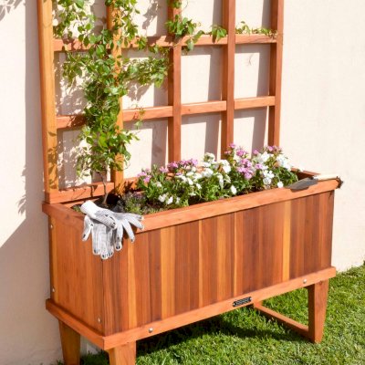 Napa Planters (Options: 48" L x 18" W x 18" H, California Redwood, 12-inch stand, 3' tall Trellis Kit, Interior and Exterior of Box with Sealant (No Growing Vegetables), Transparent Premium Sealant). 