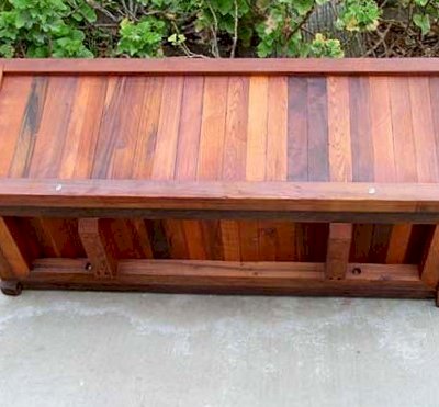 Napa Planters (Options: 48" L x 18" W x 18" H, Mature Redwood, Add 1 inch feet, No Trellis, Interior and Exterior of Box with Sealant (No Growing Vegetables), Transparent Premium Sealant). Turned on side to show supports and structural reinforcment from below.