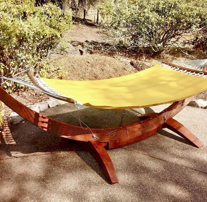 Noah's Arc Hammock (Options: Mature Redwood, Hammock with the Safety Cords Hardware, Coffee-Stain Premium Sealant). Photo Courtesy of M. Tripier of Walnut Creek, CA. Noah's Arc Hammock (Options: Mature Redwood, Hammock with the Safety Cords Hardware, Coffee-Stain Premium Sealant). Photo Courtesy of M. Tripier of Walnut Creek, CA.