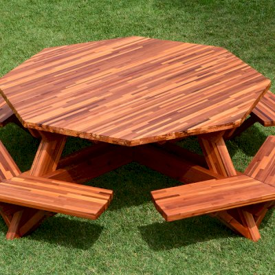 Octagonal Picnic Table (Options: 6' Diameter Tabletop, Attached Benches, Mosaic Redwood, Standard Tabletop, Rounded Corners, No Umbrella Hole, Transparent Premium Sealant).