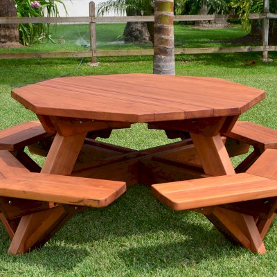 Octagonal Picnic Table (Options: 5' Diameter Tabletop, Attached Benches, Old-Growth Redwood, Standard Tabletop, Rounded Corners, No Umbrella Hole, Transparent Premium Sealant).