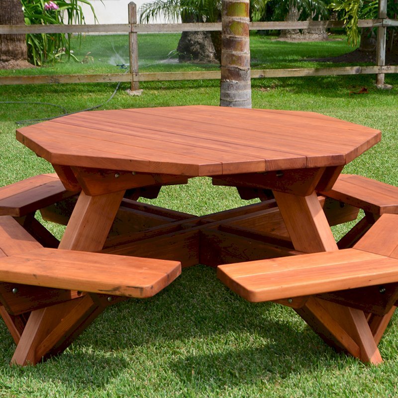Octagonal Picnic Table (Options: 5' Diameter Tabletop, Attached Benches, Old-Growth Redwood, Standard Tabletop, Rounded Corners, No Umbrella Hole, Transparent Premium Sealant). Octagonal Picnic Table (Options: 5' Diameter Tabletop, Attached Benches, Old-Growth Redwood, Standard Tabletop, Rounded Corners, No Umbrella Hole, Transparent Premium Sealant).