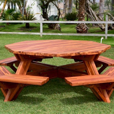 Octagonal Picnic Table (Options: 6' Diameter Tabletop, Attached Benches, Mosaic Redwood, Standard Tabletop, Rounded Corners, No Umbrella Hole, Transparent Premium Sealant).