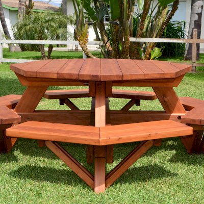 Octagonal Picnic Table (Options: 5' Diameter Tabletop, Attached Benches, Old-Growth Redwood, Standard Tabletop, Rounded Corners, No Umbrella Hole, Transparent Premium Sealant).