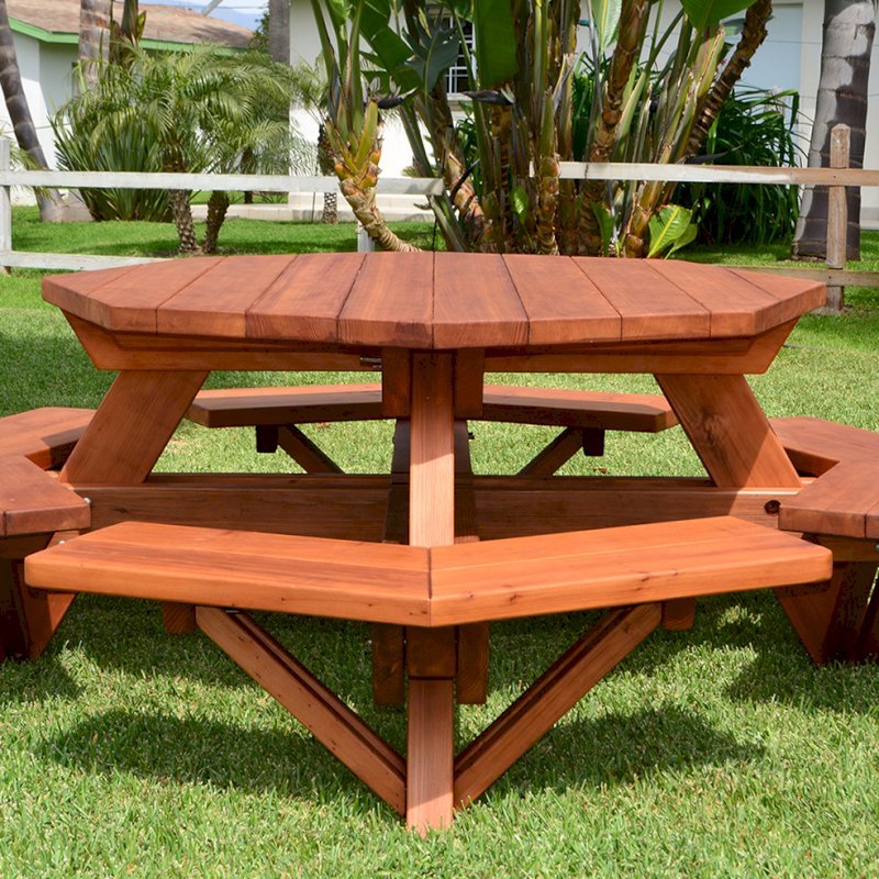 Octagonal Picnic Table (Options: 5' Diameter Tabletop, Attached Benches, Old-Growth Redwood, Standard Tabletop, Rounded Corners, No Umbrella Hole, Transparent Premium Sealant). Octagonal Picnic Table (Options: 5' Diameter Tabletop, Attached Benches, Old-Growth Redwood, Standard Tabletop, Rounded Corners, No Umbrella Hole, Transparent Premium Sealant).