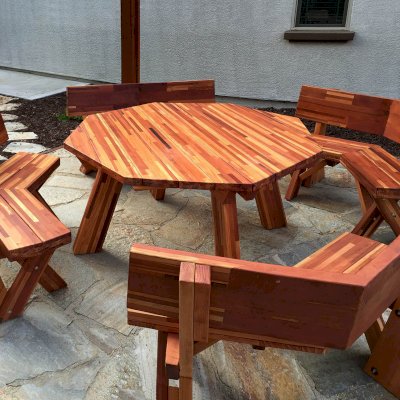 Octagonal Picnic Table (Options: 5' Diameter Tabletop, Fullback Benches by Custom Request, Mosaic Redwood, Standard Tabletop, Rounded Corners, No Umbrella Hole, Transparent Premium Sealant). Photo Courtesy of T. Boyd of Folsom, CA.