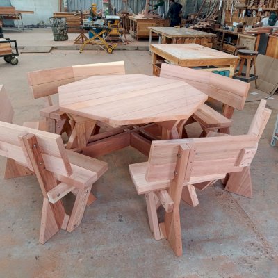 Octagonal Picnic Table Under Construction, Prior to Sanding and Sealing (Options: 5' Diameter Tabletop, Attached Fullback Benches, California Redwood, Standard Tabletop, No Umbrella Hole).