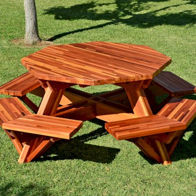 Octagonal Picnic Table (Options: 5' Diameter Tabletop, Attached Benches, Mosaic Redwood, Standard Tabletop, Rounded Corners, No Umbrella Hole, Transparent Premium Sealant).