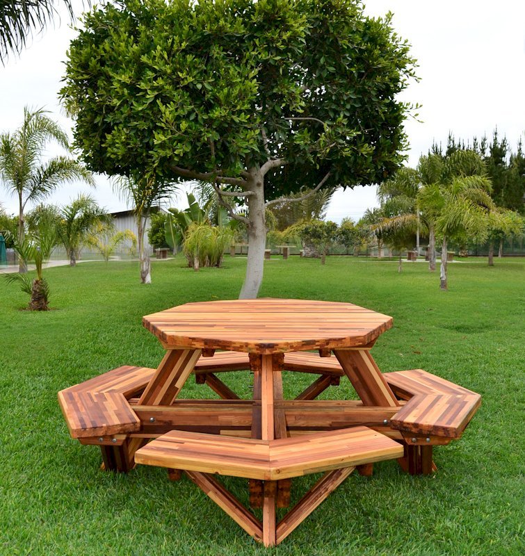 Octagonal Picnic Table (Options: 4' Diameter Tabletop, Attached Benches, Mosaic Eco-Wood, Standard Tabletop, Rounded Corners, No Umbrella Hole, Transparent Premium Sealant). Octagonal Picnic Table (Options: 4' Diameter Tabletop, Attached Benches, Mosaic Eco-Wood, Standard Tabletop, Rounded Corners, No Umbrella Hole, Transparent Premium Sealant).