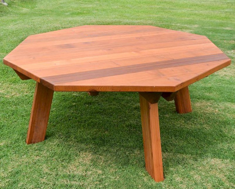 Octagonal Picnic Table (Options: 6' Diameter Tabletop, No Seating, California Redwood, Standard Tabletop, Rounded Corners, No Umbrella Hole, Transparent Premium Sealant). Octagonal Picnic Table (Options: 6' Diameter Tabletop, No Seating, California Redwood, Standard Tabletop, Rounded Corners, No Umbrella Hole, Transparent Premium Sealant).