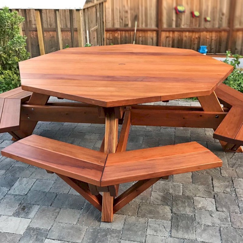 Octagonal Picnic Table (Options: 6' Diameter Tabletop, Attached Benches, California Redwood, Standard Tabletop, Slightly Rounded Corners, 1 5/8" Umbrella Hole, Transparent Premium Sealant). Photo Courtesy of N. Sofia of Pacifica, CA. Octagonal Picnic Table (Options: 6' Diameter Tabletop, Attached Benches, California Redwood, Standard Tabletop, Slightly Rounded Corners, 1 5/8" Umbrella Hole, Transparent Premium Sealant). Photo Courtesy of N. Sofia of Pacifica, CA.