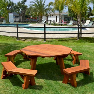 Octagonal Picnic Table (Options: 6' Diameter Tabletop, Unattached Benches, California Redwood, Standard Tabletop, Rounded Corners, No Umbrella Hole, Transparent Premium Sealant). 