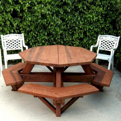 Octagonal Picnic Table (Options: 5' Diameter Tabletop, Attached Benches, Old-Growth Redwood, Standard Tabletop, Rounded Corners, No Umbrella Hole, Transparent Premium Sealant).