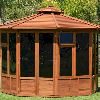 Octagonal Sunroom Gazebo (Options: 11'-6", Deck, Mature Redwood, 24" H Siding Below Windows, 3 Window Panels, 2 Sets of Doors, Transparent Premium Sealant).