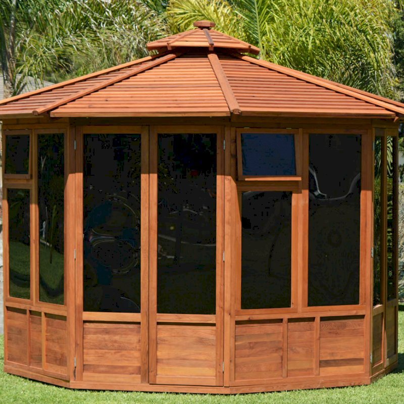 Octagonal Sunroom Gazebo (Options: 11'-6", Deck, Mature Redwood, 24" H Siding Below Windows, 3 Window Panels, 2 Sets of Doors, Transparent Premium Sealant). Octagonal Sunroom Gazebo (Options: 11'-6", Deck, Mature Redwood, 24" H Siding Below Windows, 3 Window Panels, 2 Sets of Doors, Transparent Premium Sealant).