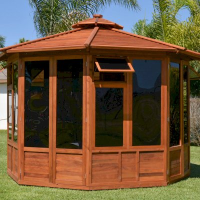 Octagonal Sunroom Gazebo (Options: 11'-6", Deck, Mature Redwood, 24" H Siding Below Windows, 3 Window Panels, 2 Sets of Doors, Transparent Premium Sealant). 