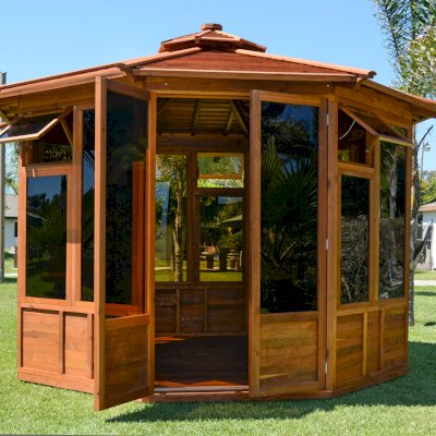 Octagonal Sunroom Gazebo (Options: 11'-6", Deck, Mature Redwood, 24" H Siding Below Windows, 3 Window Panels, 2 Sets of Doors, Transparent Premium Sealant). 