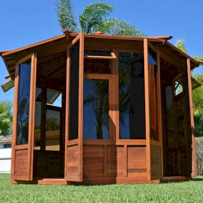 Octagonal Sunroom Gazebo (Options: 11'-6", Deck, Mature Redwood, 24" H Siding Below Windows, 3 Window Panels, 2 Sets of Doors, Transparent Premium Sealant). 