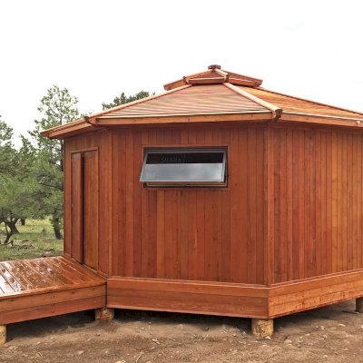Custom Octagonal Sunroom Gazebo (Options: 20', Deck and Front Stairs by Custom Request, Mature Redwood, 54" H Siding Below Windows, Custom Windows Installed by Customer, 1 Sets of Doors, Transparent Premium Sealant).