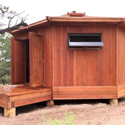 Custom Octagonal Sunroom Gazebo (Options: 20', Deck and Front Stairs by Custom Request, Mature Redwood, 54" H Siding Below Windows, Custom Windows Installed by Customer, 1 Sets of Doors, Transparent Premium Sealant).