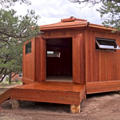 Custom Octagonal Sunroom Gazebo (Options: 20', Deck and Front Stairs by Custom Request, Mature Redwood, 54" H Siding Below Windows, Custom Windows Installed by Customer, 1 Sets of Doors, Transparent Premium Sealant).