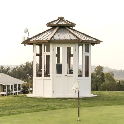 Octagonal Sunroom Gazebo (Options: 8' Diameter, No Deck, California Redwood, Metal Roof, 30" H Siding Below Windows, 7 Standard Window Panels, 1 Double Doors Panel, Clear Acrylic, No Ceiling Fan Base, Transparent Premium Sealant for Interior and Off-White Oil-Based Primer for Exterior). Photo Courtesy of Mr. Robert Nagelberg of The Saticoy Club, 4450 Clubhouse Drive Somis, CA 93066
