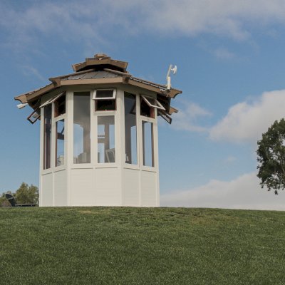 Octagonal Sunroom Gazebo (Options: 8' Diameter, No Deck, California Redwood, Metal Roof, 30" H Siding Below Windows, 7 Standard Window Panels, 1 Double Doors Panel, Clear Acrylic, No Ceiling Fan Base, Transparent Premium Sealant for Interior and Off-White Oil-Based Primer for Exterior). Photo Courtesy of Mr. Robert Nagelberg of The Saticoy Club, 4450 Clubhouse Drive Somis, CA 93066