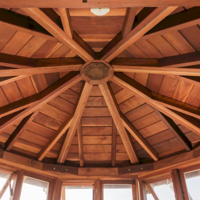 Octagonal Sunroom Gazebo (Options: 8' Diameter, No Deck, California Redwood, Metal Roof, 30" H Siding Below Windows, 7 Standard Window Panels, 1 Double Doors Panel, Clear Acrylic, No Ceiling Fan Base, Transparent Premium Sealant for Interior and Off-White Oil-Based Primer for Exterior). Photo Courtesy of Mr. Robert Nagelberg of The Saticoy Club, 4450 Clubhouse Drive Somis, CA 93066