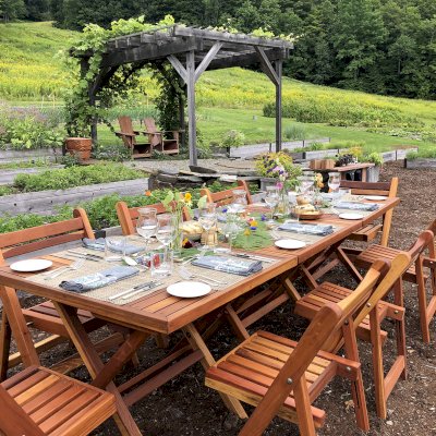 Outdoor Rectangular Folding Table (Options: 52.5" L, 30'' W, 8 Chairs, California Redwood, Standard Tabletop, Checkerboard Design Tabletop, No Umbrella Hole, Transparent Premium Sealant). Photo Courtesy of N. Rich of Barnard, Vermont.