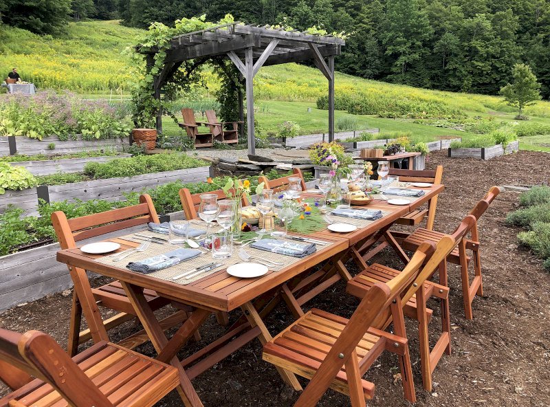 Outdoor Rectangular Folding Table (Options: 52.5" L, 30'' W, 8 Chairs, California Redwood, Standard Tabletop, Checkerboard Design Tabletop, No Umbrella Hole, Transparent Premium Sealant). Photo Courtesy of N. Rich of Barnard, Vermont. Outdoor Rectangular Folding Table (Options: 52.5" L, 30'' W, 8 Chairs, California Redwood, Standard Tabletop, Checkerboard Design Tabletop, No Umbrella Hole, Transparent Premium Sealant). Photo Courtesy of N. Rich of Barnard, Vermont.