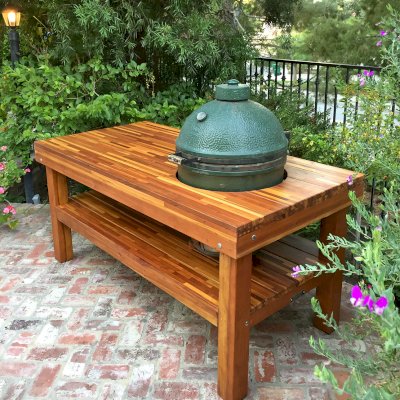 Outdoor Table With Built In Grill (Options: 6' L, 34 1/2" W, Mosaic Eco-Wood, Two Shelves, Squared Corners, 32"H, 21 1/2-inch Grill Opening, 16-inch Grill Support Shelf Height, Transparent Premium Sealant). Legs aligned to tabletop by custom request. Photo Courtesy of Christopher Barty of Irvine, CA.