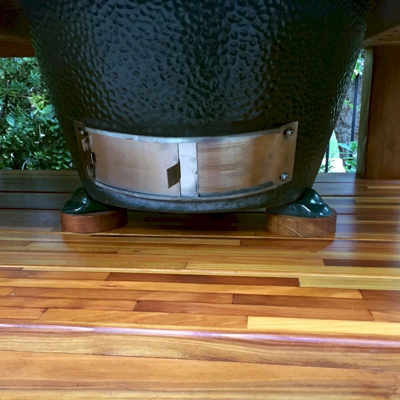 Outdoor Table With Built In Grill (Options: 6' L, 34 1/2" W, Mosaic Eco-Wood, Two Shelves, Squared Corners, 32"H, 21 1/2-inch Grill Opening, 16-inch Grill Support Shelf Height, Transparent Premium Sealant). Legs aligned to tabletop by custom request. Photo Courtesy of Christopher Barty of Irvine, CA. Outdoor Table With Built In Grill (Options: 6' L, 34 1/2" W, Mosaic Eco-Wood, Two Shelves, Squared Corners, 32"H, 21 1/2-inch Grill Opening, 16-inch Grill Support Shelf Height, Transparent Premium Sealant). Legs aligned to tabletop by custom request. Photo Courtesy of Christopher Barty of Irvine, CA.