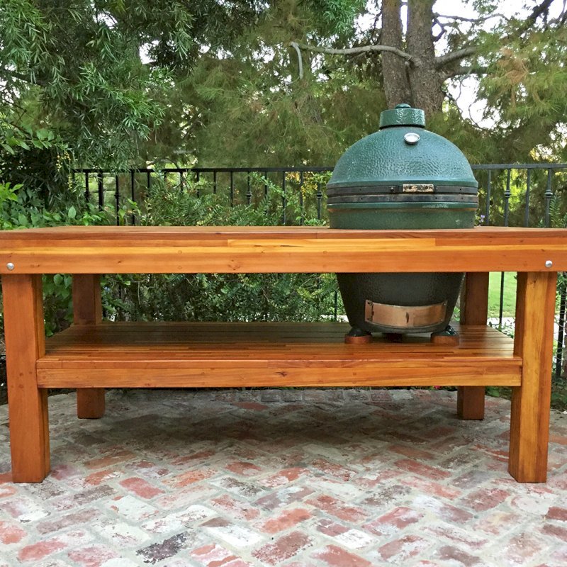Outdoor Table With Built In Grill (Options: 6' L, 34 1/2" W, Mosaic Eco-Wood, Two Shelves, Squared Corners, 32"H, 21 1/2-inch Grill Opening, 16-inch Grill Support Shelf Height, Transparent Premium Sealant). Legs aligned to tabletop by custom request. Photo Courtesy of Christopher Barty of Irvine, CA. Outdoor Table With Built In Grill (Options: 6' L, 34 1/2" W, Mosaic Eco-Wood, Two Shelves, Squared Corners, 32"H, 21 1/2-inch Grill Opening, 16-inch Grill Support Shelf Height, Transparent Premium Sealant). Legs aligned to tabletop by custom request. Photo Courtesy of Christopher Barty of Irvine, CA.