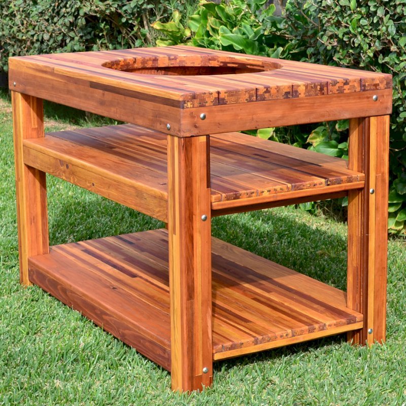 Outdoor Table With Built In Grill (Options: 6' L, 28 3/4" W, Mosaic Eco-Wood, Two Shelves, Rounded Corners, 30"H, 18-inch Grill Opening, 20-inch Grill Support Shelf Height, Transparent Premium Sealant). Legs aligned to tabletop by custom request. Outdoor Table With Built In Grill (Options: 6' L, 28 3/4" W, Mosaic Eco-Wood, Two Shelves, Rounded Corners, 30"H, 18-inch Grill Opening, 20-inch Grill Support Shelf Height, Transparent Premium Sealant). Legs aligned to tabletop by custom request.